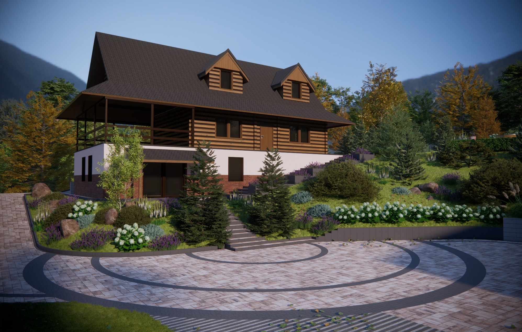 Wizualizacja domu z drewnianą elewacją i starannie zaprojektowanym ogrodem z brukowanym podjazdem, schodami prowadzącymi do domu i różnorodną roślinnością na zboczu.