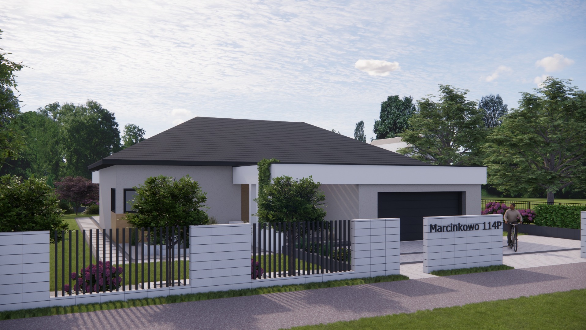 Wizualizacja nowoczesnego domu jednorodzinnego z płaskim dachem i ogrodzeniem z białych bloczków oraz czarnych sztachet, z zielenią i osobą na rowerze w tle.