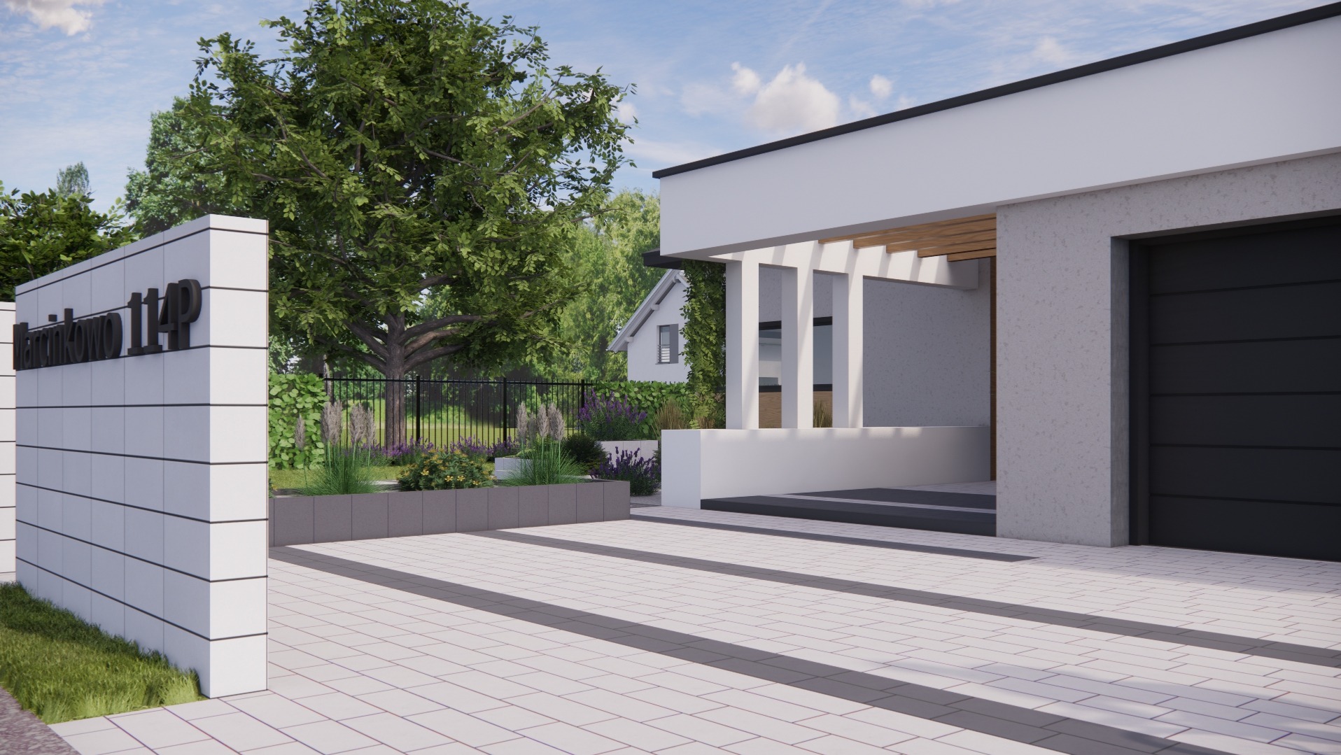 Nowoczesny dom z minimalistycznym ogrodem, kostka brukowa, rabaty z kwitnącymi roślinami, adres na murze.
