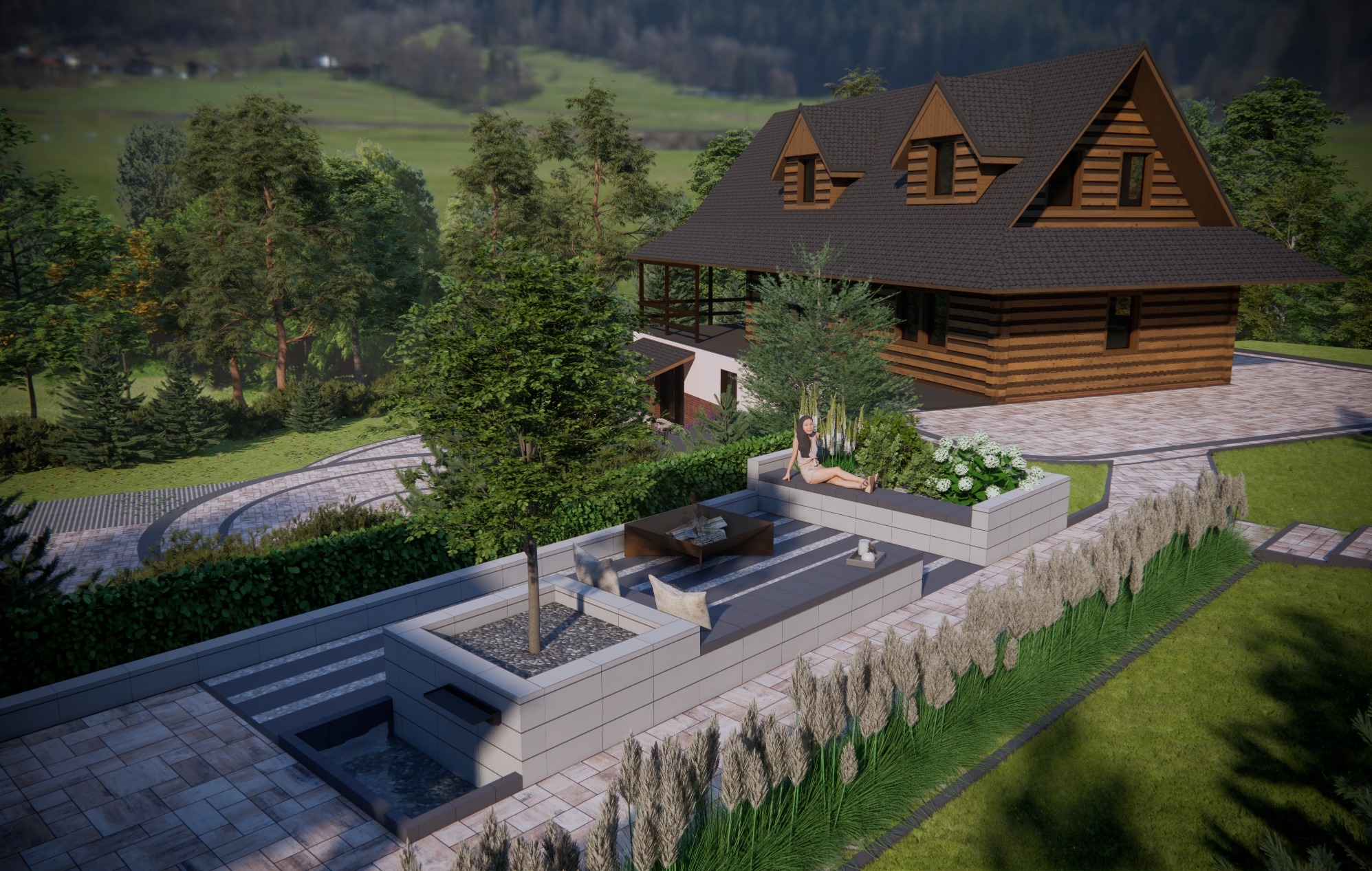 Wizualizacja ogrodu z drewnianym domem w tle, tarasem z meblami ogrodowymi i leżacą kobietą, nowoczesne schody do oczka wodnego, trawa pampasowa wzdłuż ścieżki.
