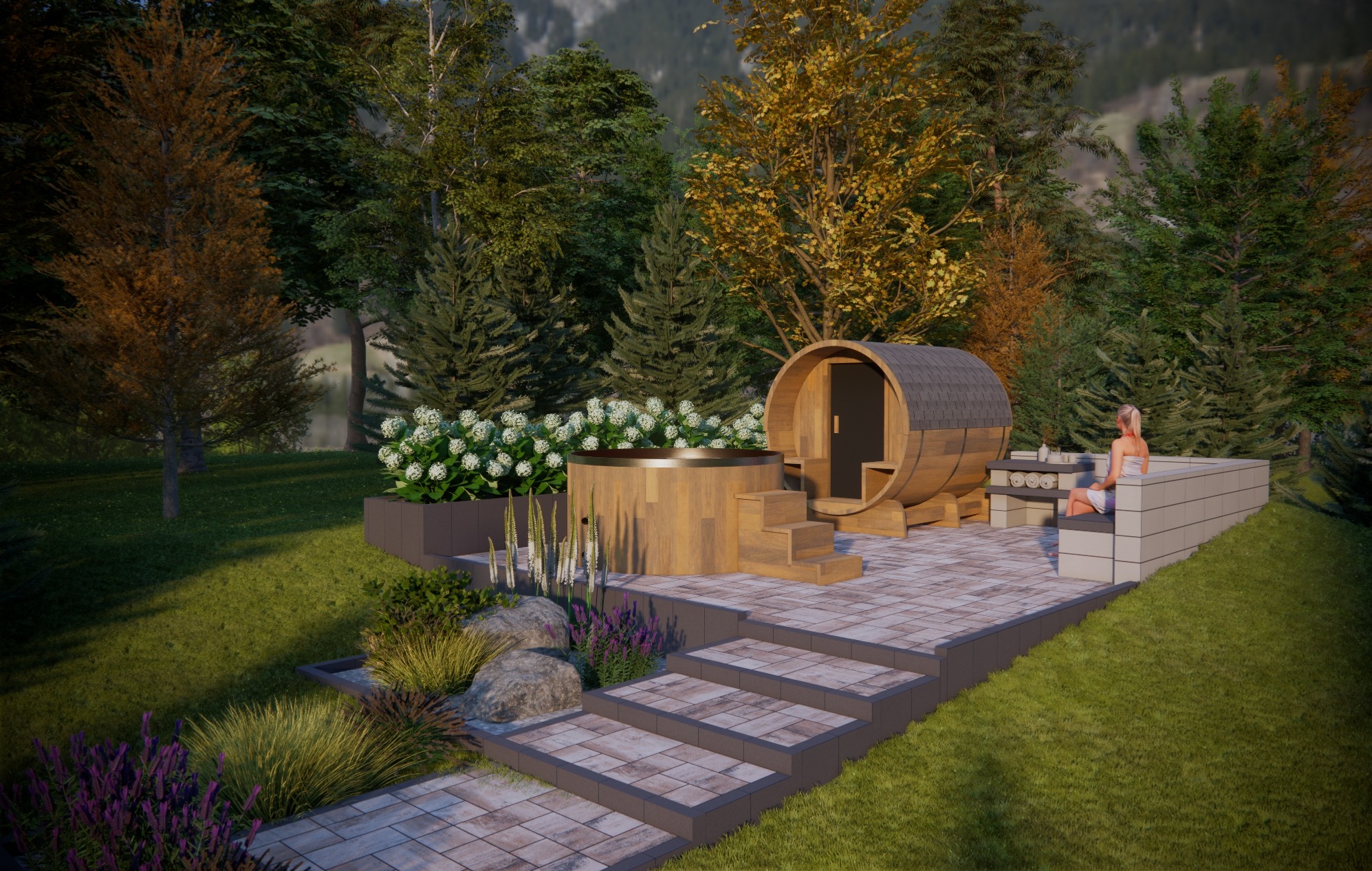 Drewniana beczka-sauna i wanna z hydromasażem na tarasie z kostki brukowej w ogrodzie, kobieta relaksuje się na ławce, w tle drzewa i góry.