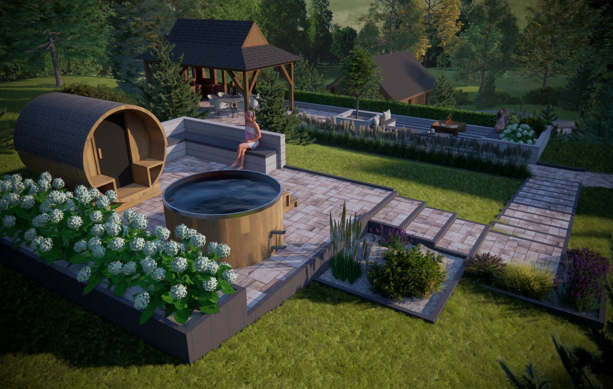 Wizualizacja ogrodu z drewnianą sauną beczką, balią, tarasem z kostki, altaną i zielenią, prezentująca kompleksowy projekt zagospodarowania przestrzeni.
