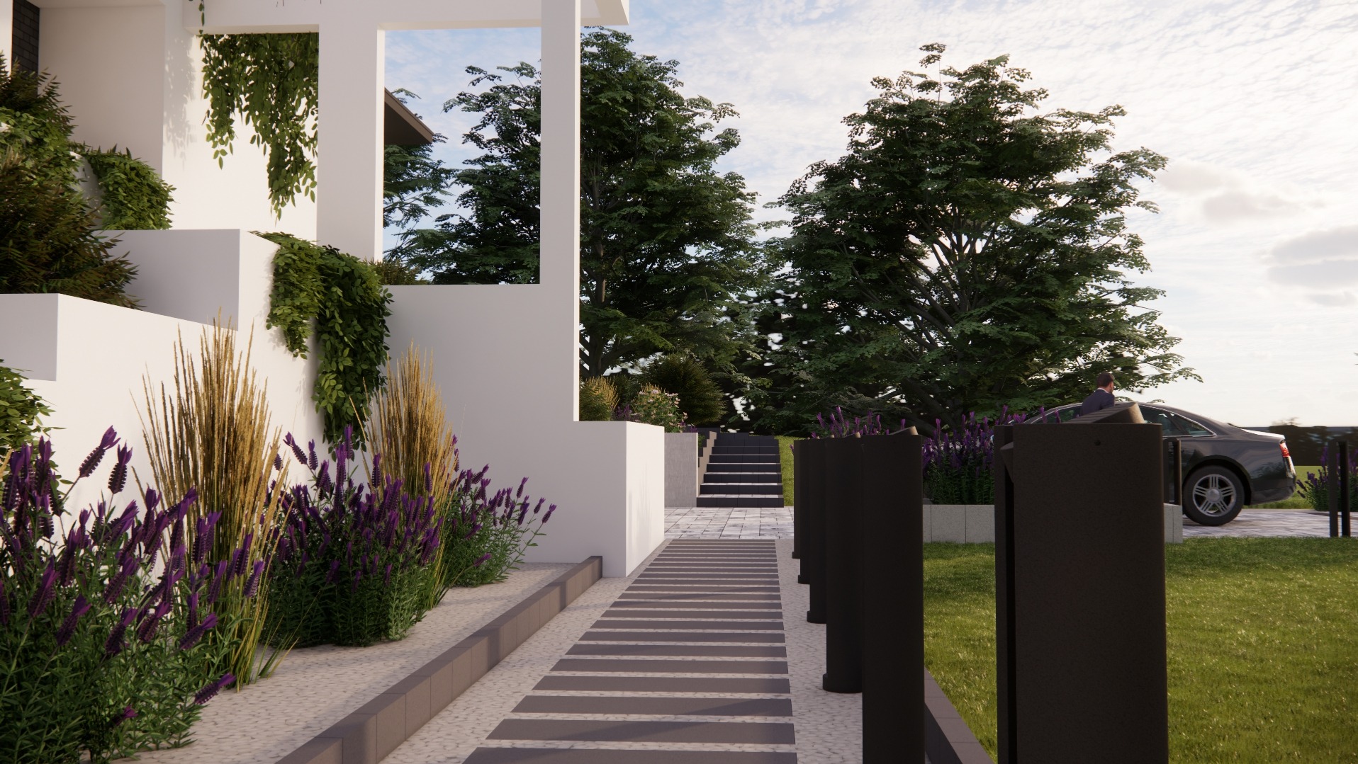 Projekt ogrodu w Michałowicach z nowoczesną architekturą, ścieżką z płyt, fioletowymi kwiatami i pnączami na białej ścianie, prowadzący do schodów i zaparkowanego samochodu.