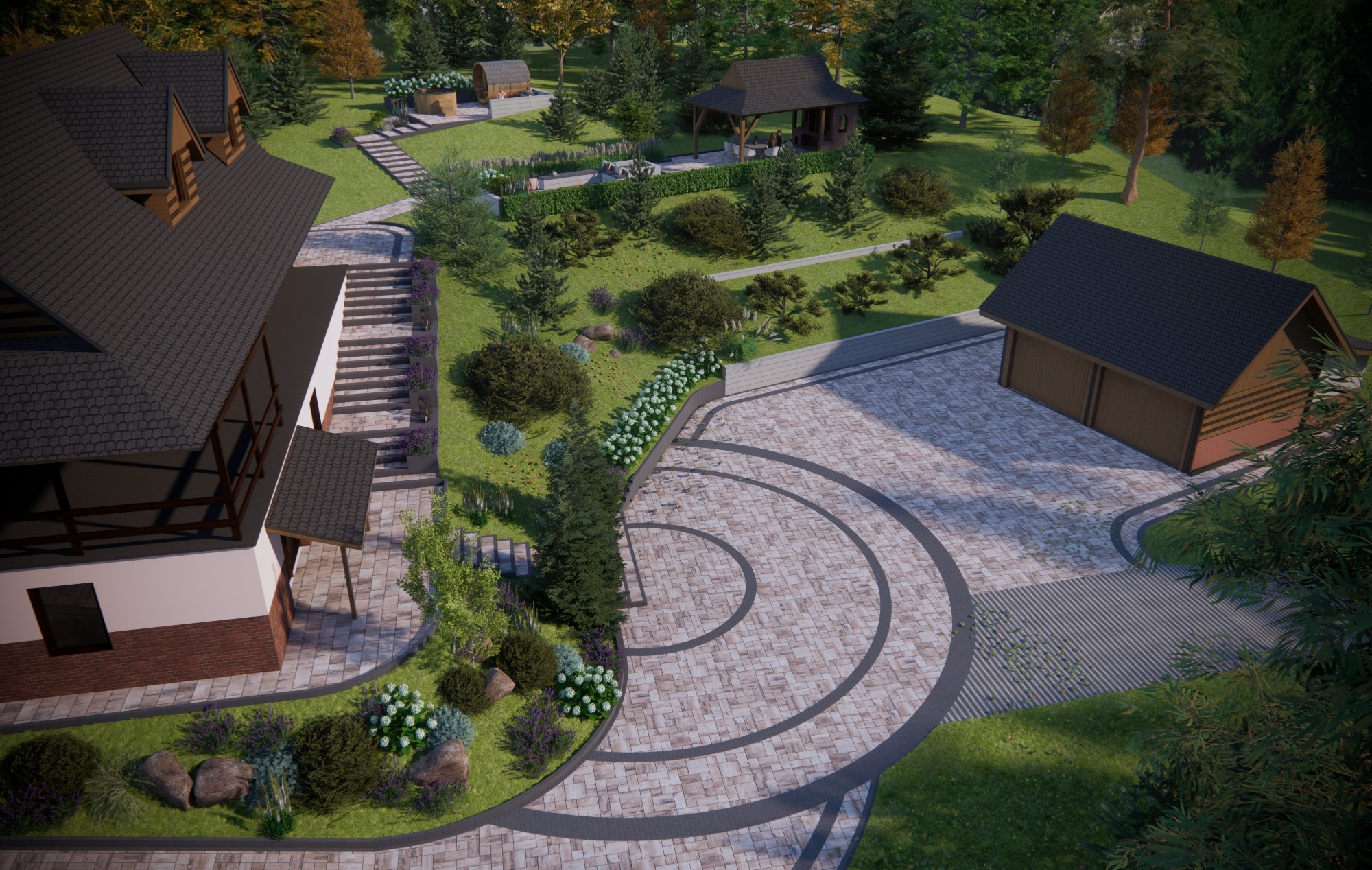 Wizualizacja zagospodarowania terenu wokół domu z brukowaną aleją, schodami, altaną i garażem, otoczona zielenią i drzewami.