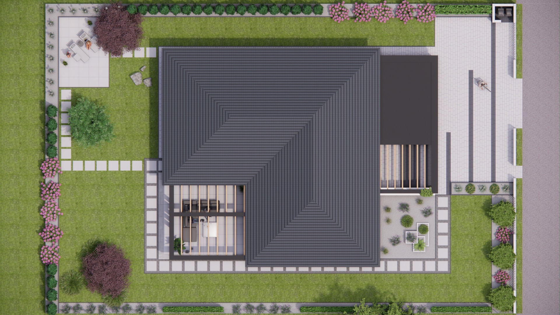 Widok z góry na wizualizację domu z ogrodem, patio z meblami ogrodowymi, trawnik, ścieżki z płyt, rabaty kwiatowe i krzewy.