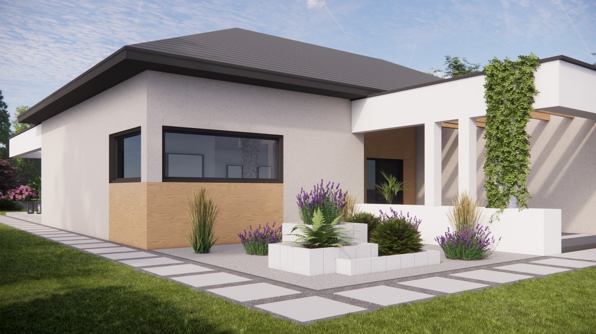 Wizualizacja ogrodu z nowoczesnym domem, minimalistyczna rabata z lawendą i trawami ozdobnymi, ścieżka z płyt betonowych w trawniku.