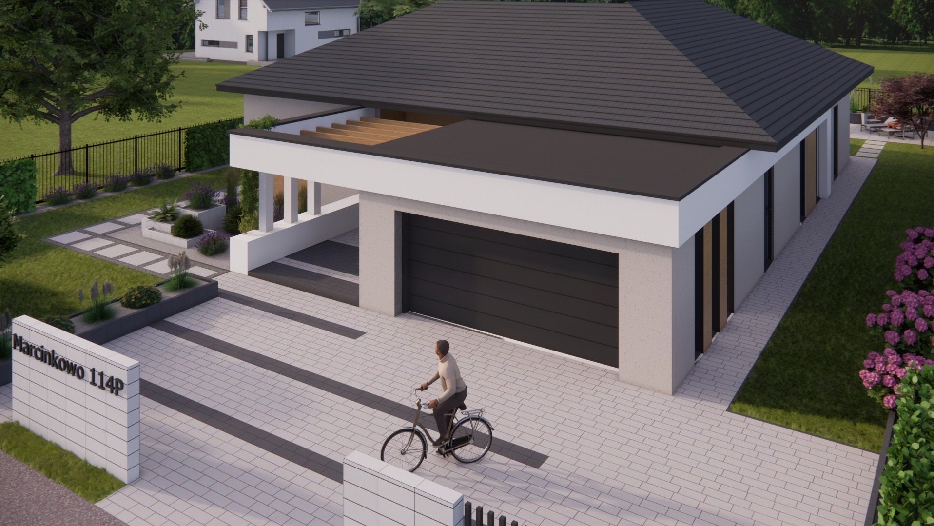 Wizualizacja nowoczesnego domu z ogrodem, rowerzysta na podjeździe z kostki brukowej w biało-szare pasy, minimalistyczne rabaty z roślinami, drewniane zadaszenie tarasu.