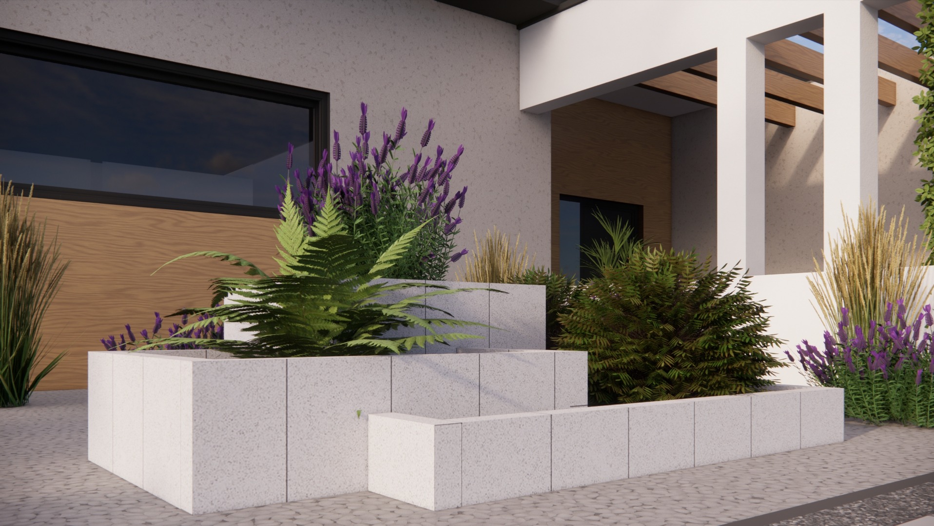 Trzystopniowa, jasnoszara donica z betonu architektonicznego, obsadzona paprociami, lawendą i trawami ozdobnymi przed nowoczesnym budynkiem z drewnianą elewacją.