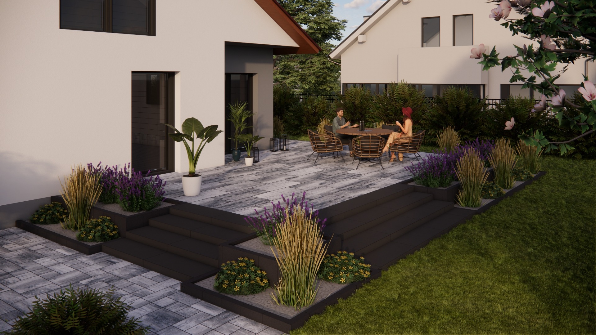 Wizualizacja tarasu z szarych płyt z podwyższonymi rabatami na rośliny ozdobne, stolikiem i siedzącymi osobami w tle.