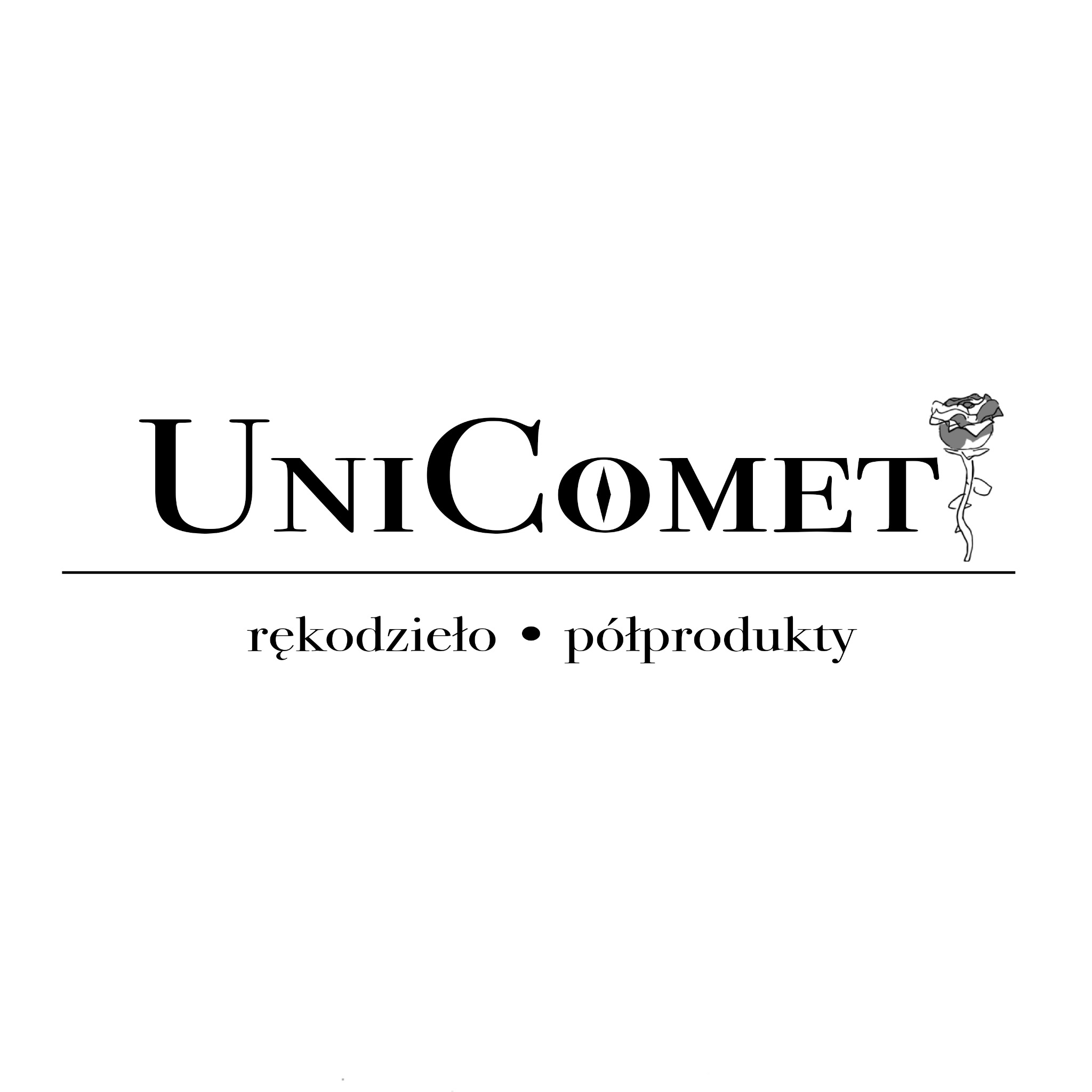 Logo firmy UniComet z motywem róży, czarno-białe, z hasłem 'rękodzieło • półprodukty'.