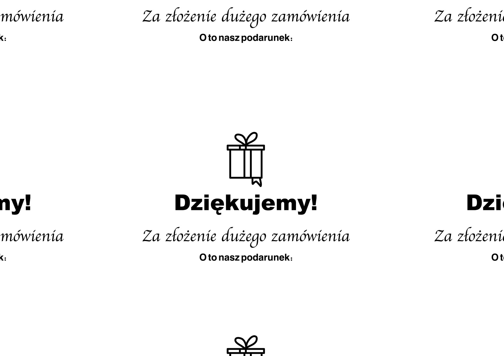 Grafika wektorowa z napisem 'Dziękujemy!' i ikoną prezentu, skierowana do klientów za duże zamówienia, minimalistyczny styl.