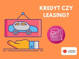 Grafika z pytaniem 'Kredyt czy leasing?' przedstawiająca ikonę samochodu zawieszoną na ścianie, ikonę umowy z domem i piórem oraz dłoń wskazującą na wybór.