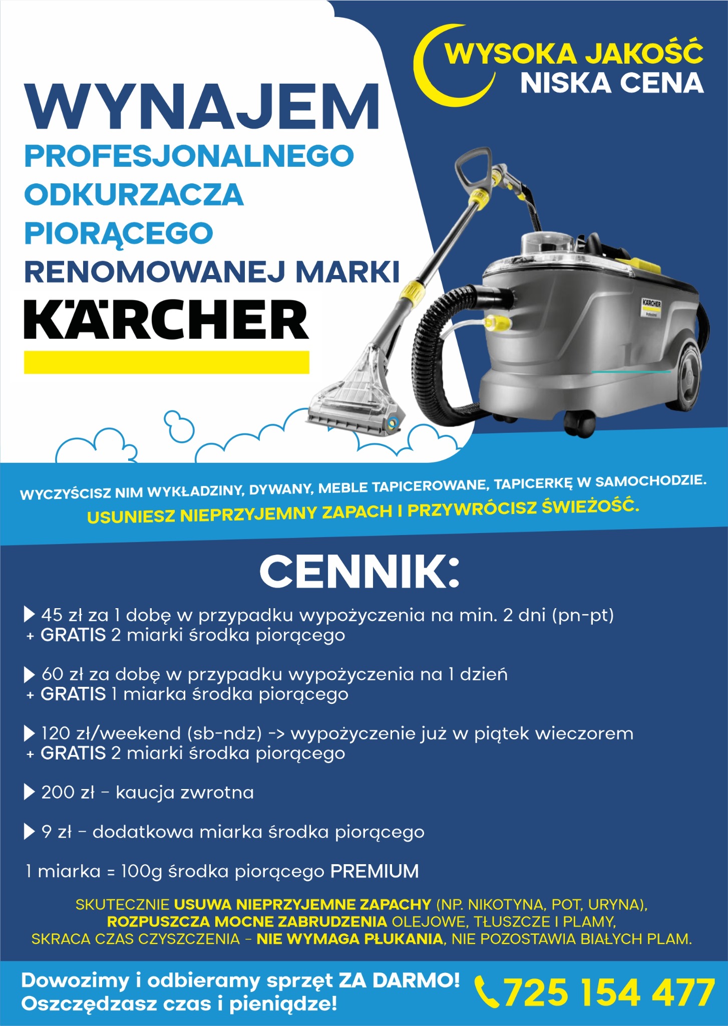 Grafika reklamowa z ofertą wynajmu profesjonalnego odkurzacza piorącego marki Kärcher, z cennikiem i informacją o darmowym dowozie i odbiorze.
