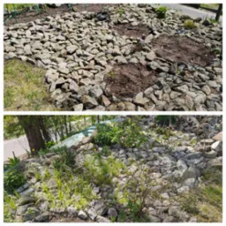 Dwa ujęcia ogrodu w trakcie tworzenia skalniaka z szarych kamieni; w górnej części przygotowane podłoże i narzędzia ogrodnicze, w dolnej - skarpa z kamieniami i dziką roślinnością.