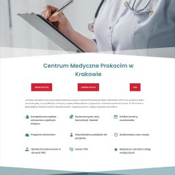 TRIM DESIGN SPÓŁKA Z OGRANICZONĄ ODPOWIEDZIALNOŚCIĄ - Strona internetowa Centrum Medycznego Prokocim w Krakowie, prezentująca ofertę usług medycznych z elementami interaktywnymi: przyciski 'Umów wizytę' i 'Zakres usług', ikony reprezentujące zalety...