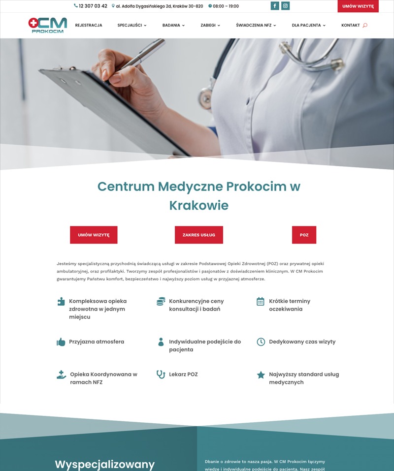 Strona internetowa Centrum Medycznego Prokocim w Krakowie, prezentująca ofertę usług medycznych z elementami interaktywnymi: przyciski 'Umów wizytę' i 'Zakres usług', ikony reprezentujące zalety...