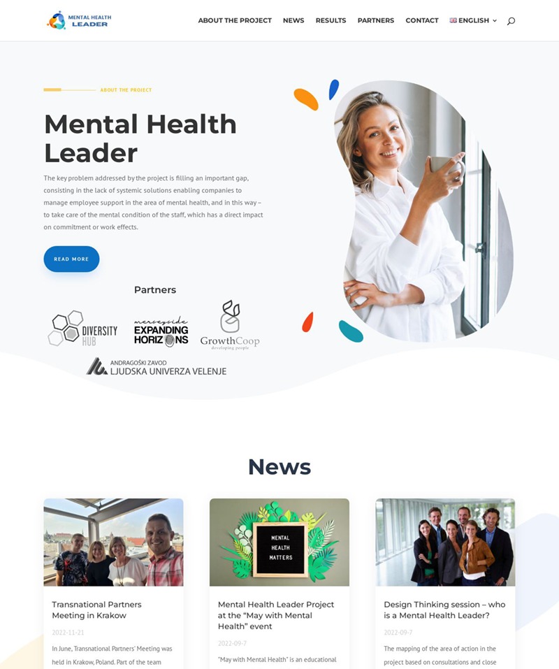 Strona internetowa Fundacji Diversity Hub, prezentująca projekt Mental Health Leader z elementami graficznymi, sekcją aktualności i wizerunkiem uśmiechniętej kobiety trzymającej kubek.