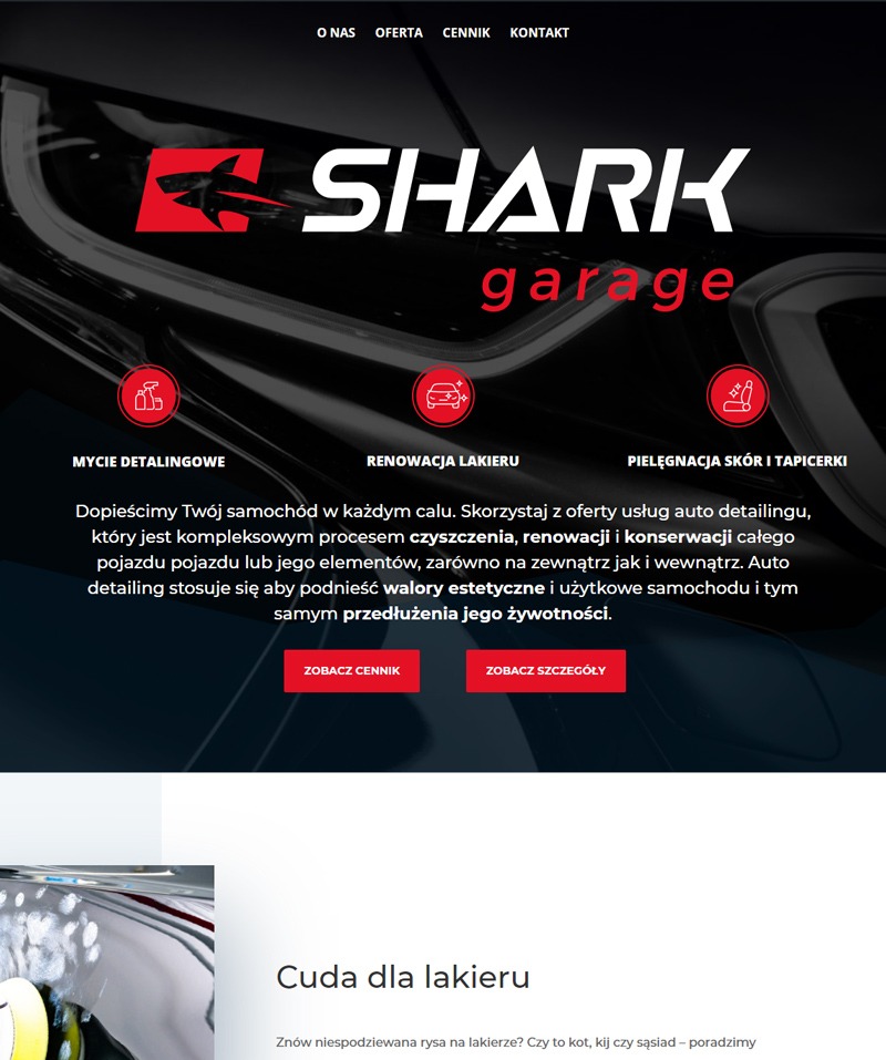 Strona internetowa Shark Garage prezentująca usługi auto detailingu: mycie detalingowe, renowacja lakieru, pielęgnacja skór i tapicerki. Logo firmy w kolorze czerwono-białym z motywem rekina.