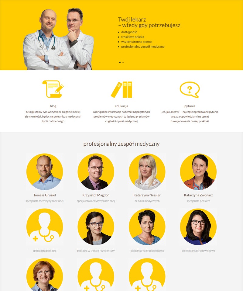 Strona internetowa kliniki GM-Lekarze Rodzinni z elementami web-design, prezentująca zespół medyczny, blog, edukację i sekcję pytań, utrzymana w żółto-białej kolorystyce z przewagą zdjęć.