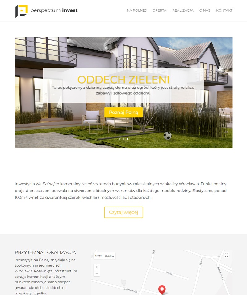 Strona internetowa Perspectum Invest prezentująca wizualizację osiedla domów z tarasem i ogrodem, hasło 'Oddech Zieleni', przycisk 'Poznaj Polną' oraz mapę lokalizacji.