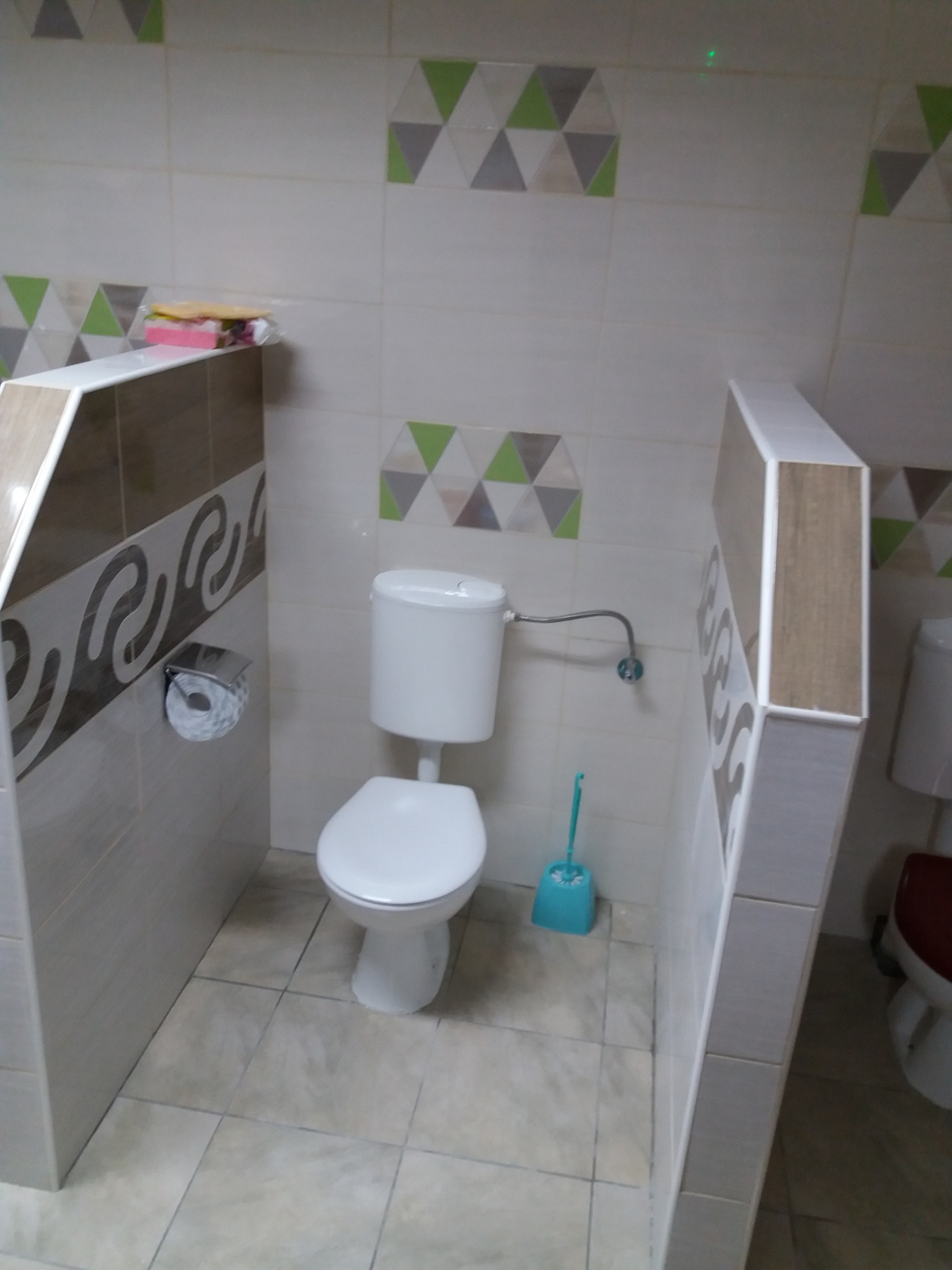Wykończona łazienka z białą toaletą, beżowymi płytkami z dekoracyjnym wzorem i geometrycznymi akcentami kolorystycznymi na ścianach, uzupełniona o niebieską szczotkę do WC.
