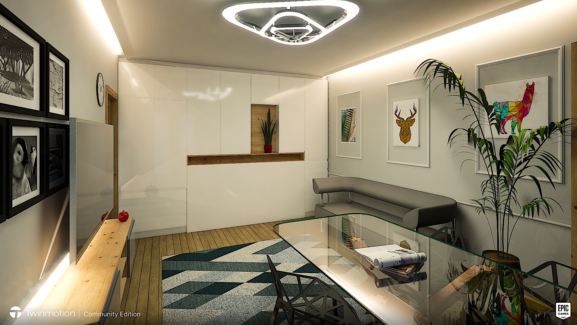 Wizualizacja wnętrza biura z minimalistycznymi meblami, szklanym stołem i geometrycznym dywanem, doświetlona nowoczesną lampą sufitową.