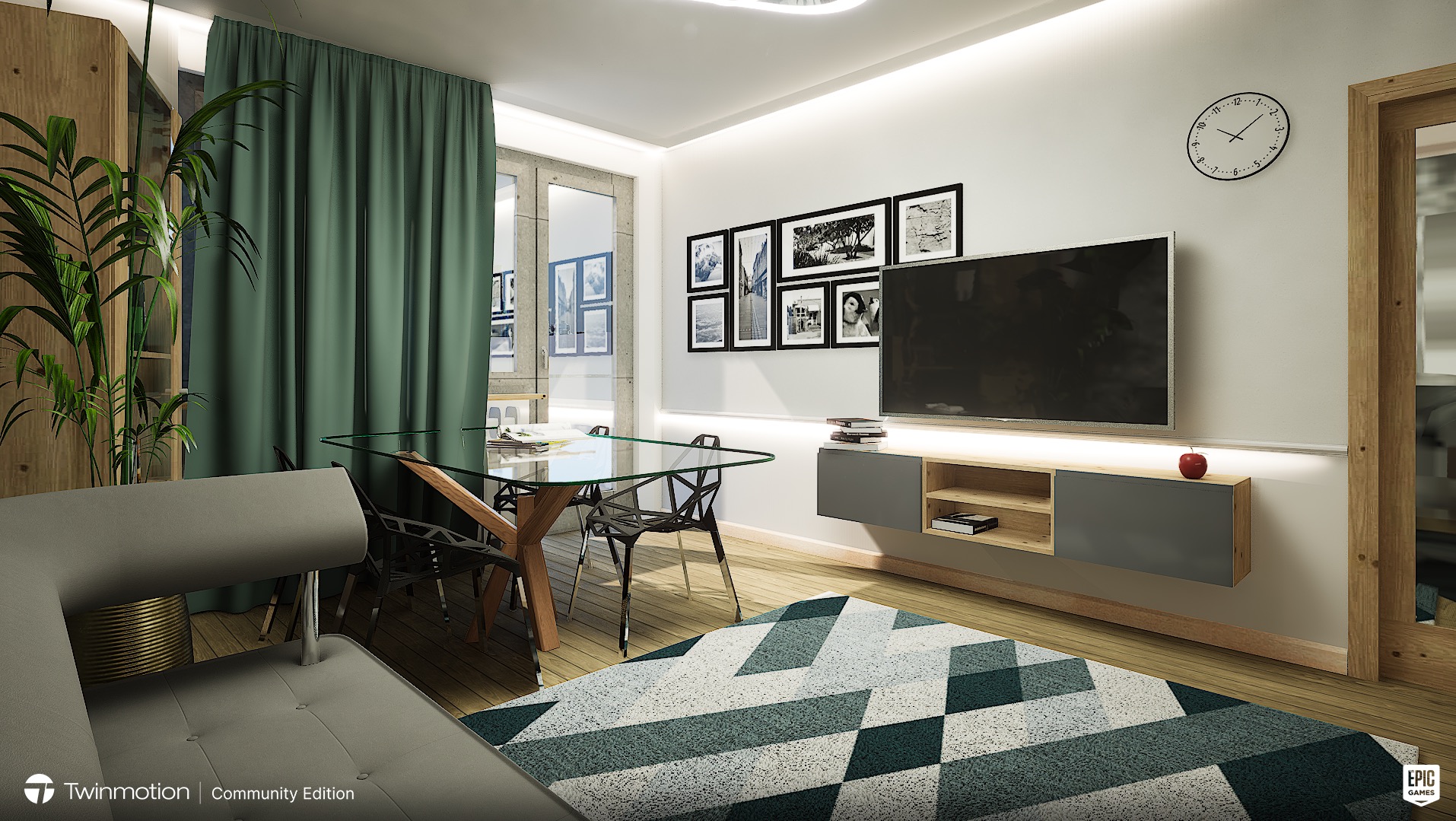 Wizualizacja wnętrza salonu z jadalnią w Chorzowie: szklany stół z krzesłami, sofa, dywan w geometryczne wzory i telewizor na ścianie z galerią czarno-białych zdjęć.