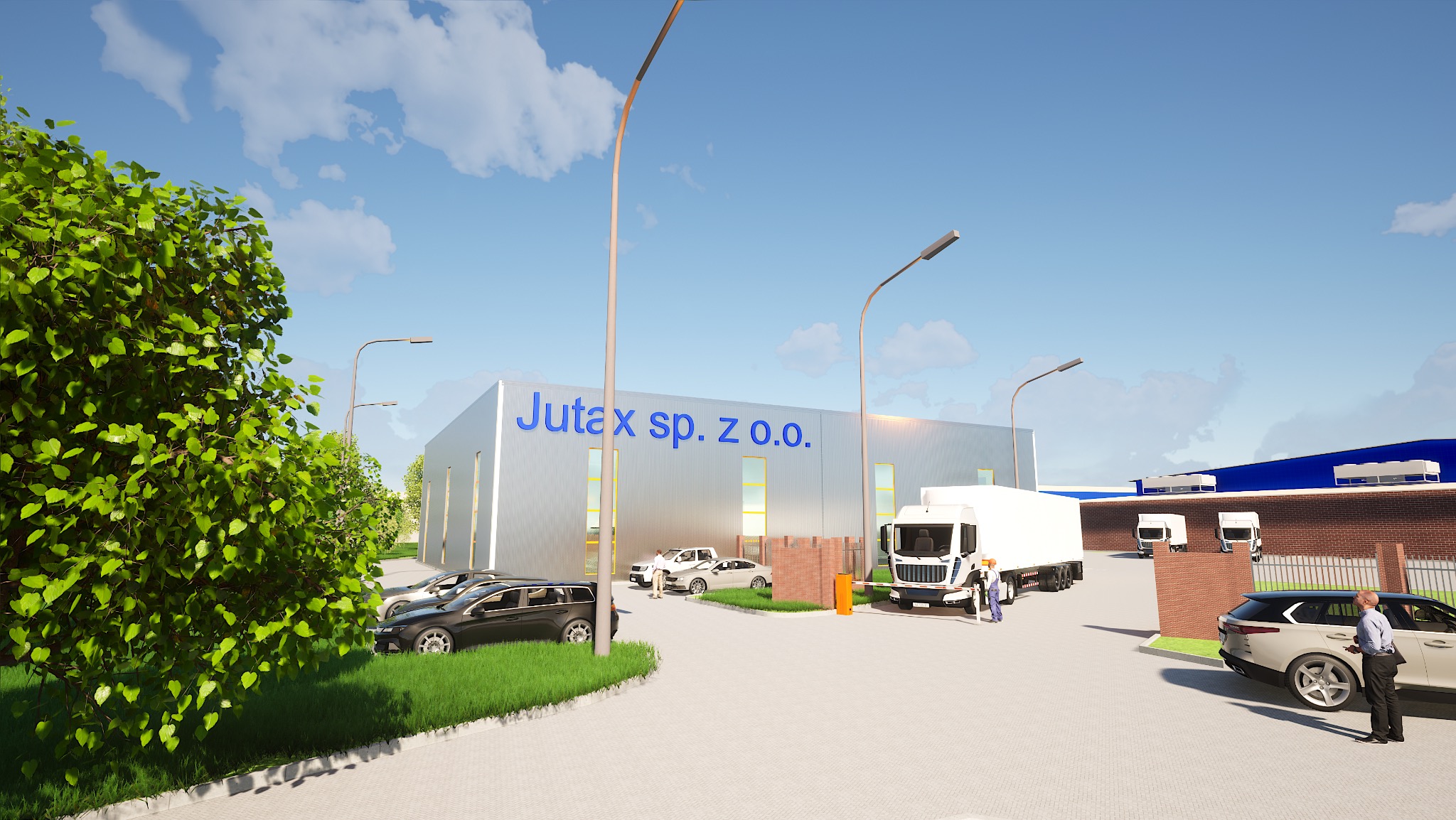 Wizualizacja budynku usługowego z parkingiem i samochodami osobowymi oraz ciężarówkami, błękitne logo firmy na fasadzie, słoneczny dzień.