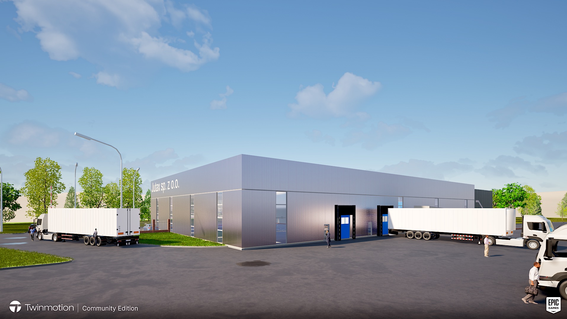 Wizualizacja zewnętrzna nowoczesnego budynku usługowego z metalową elewacją, dwoma dokami rozładunkowymi z niebieskimi drzwiami, zaparkowanymi ciężarówkami i sylwetkami ludzi na parkingu.
