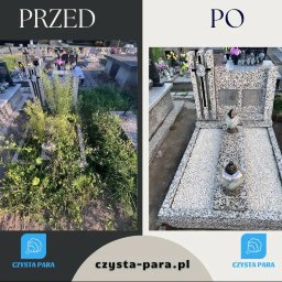 FUNDACJA CZYSTA PARA - Porównanie stanu nagrobka przed i po czyszczeniu: zarośnięty chwastami i uporządkowany, wysypany białym kamieniem.