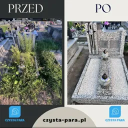 Porównanie stanu nagrobka przed i po czyszczeniu: zarośnięty chwastami i uporządkowany, wysypany białym kamieniem.