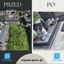 FUNDACJA CZYSTA PARA - Porównanie stanu nagrobka przed i po czyszczeniu: zarośnięty chwastami kontra wypielęgnowany z lampionami i kwiatami, z dodatkowym składanym krzesełkiem.
