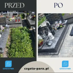 Porównanie stanu nagrobka przed i po czyszczeniu: zarośnięty chwastami kontra wypielęgnowany z lampionami i kwiatami, z dodatkowym składanym krzesełkiem.