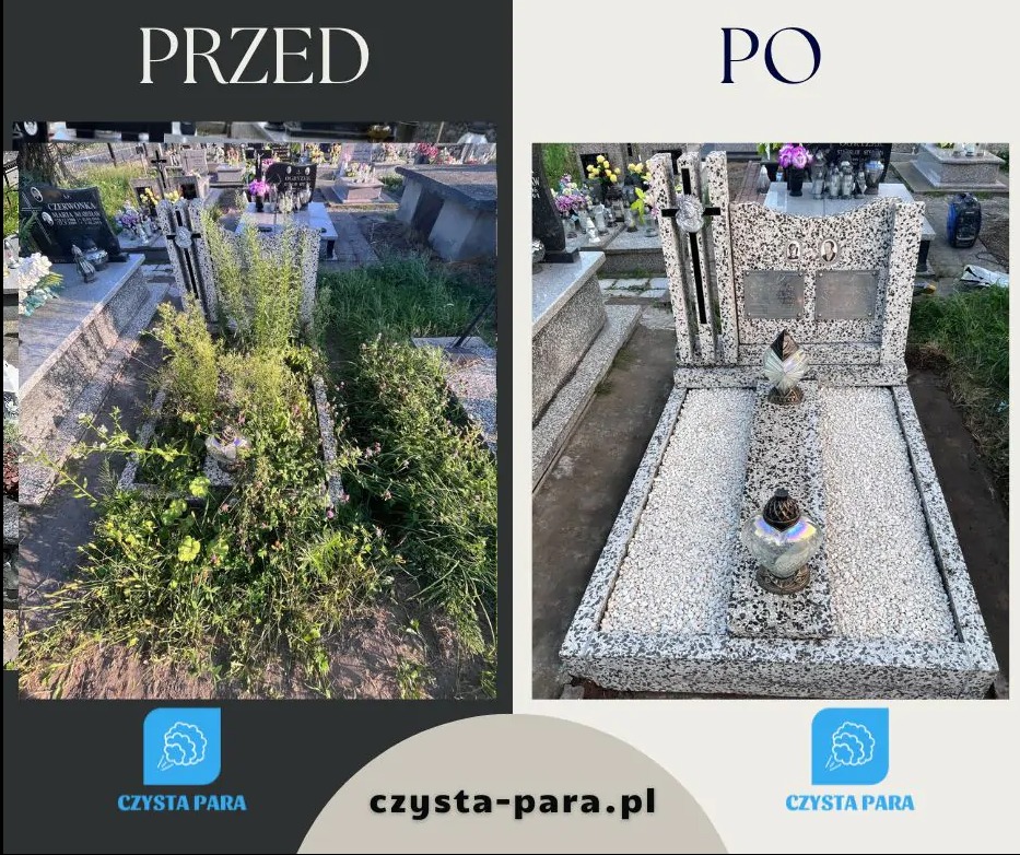 Porównanie stanu nagrobka przed i po czyszczeniu: zarośnięty chwastami i uporządkowany, wysypany białym kamieniem.