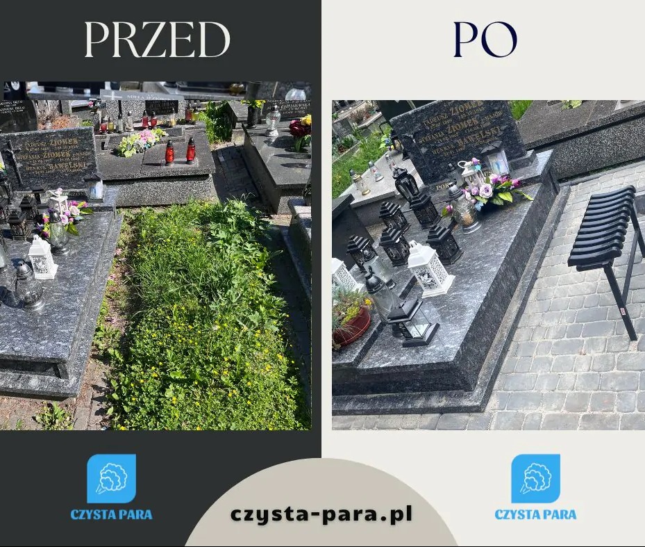 Porównanie stanu nagrobka przed i po czyszczeniu: zarośnięty chwastami kontra wypielęgnowany z lampionami i kwiatami, z dodatkowym składanym krzesełkiem.