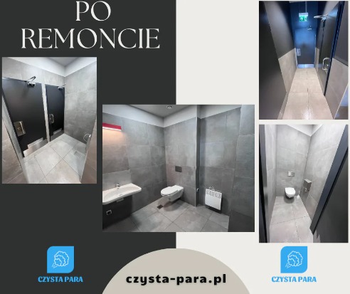 Wnętrze publicznej toalety z szarymi płytkami po remoncie, widoczne kabiny WC z czarnymi drzwiami, umywalka z szafką, toaleta i grzejnik drabinkowy, w tle korytarz z wyjściem ewakuacyjnym, w dolnej...