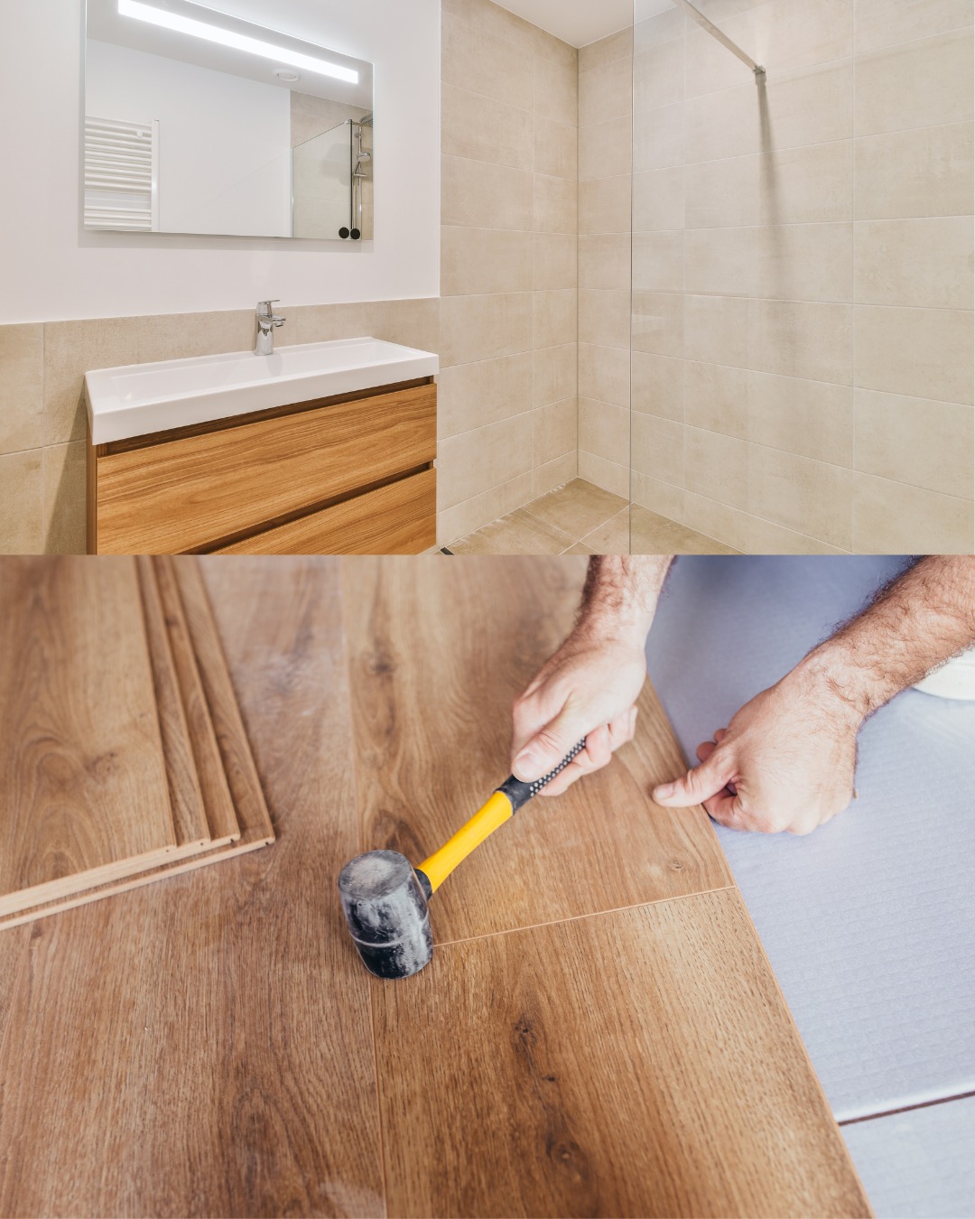 Połączenie dwóch ujęć: górne przedstawia wykończoną łazienkę z beżowymi płytkami, umywalką z drewnianą szafką i lustrem z oświetleniem, a dolne pokazuje układanie paneli podłogowych z użyciem...