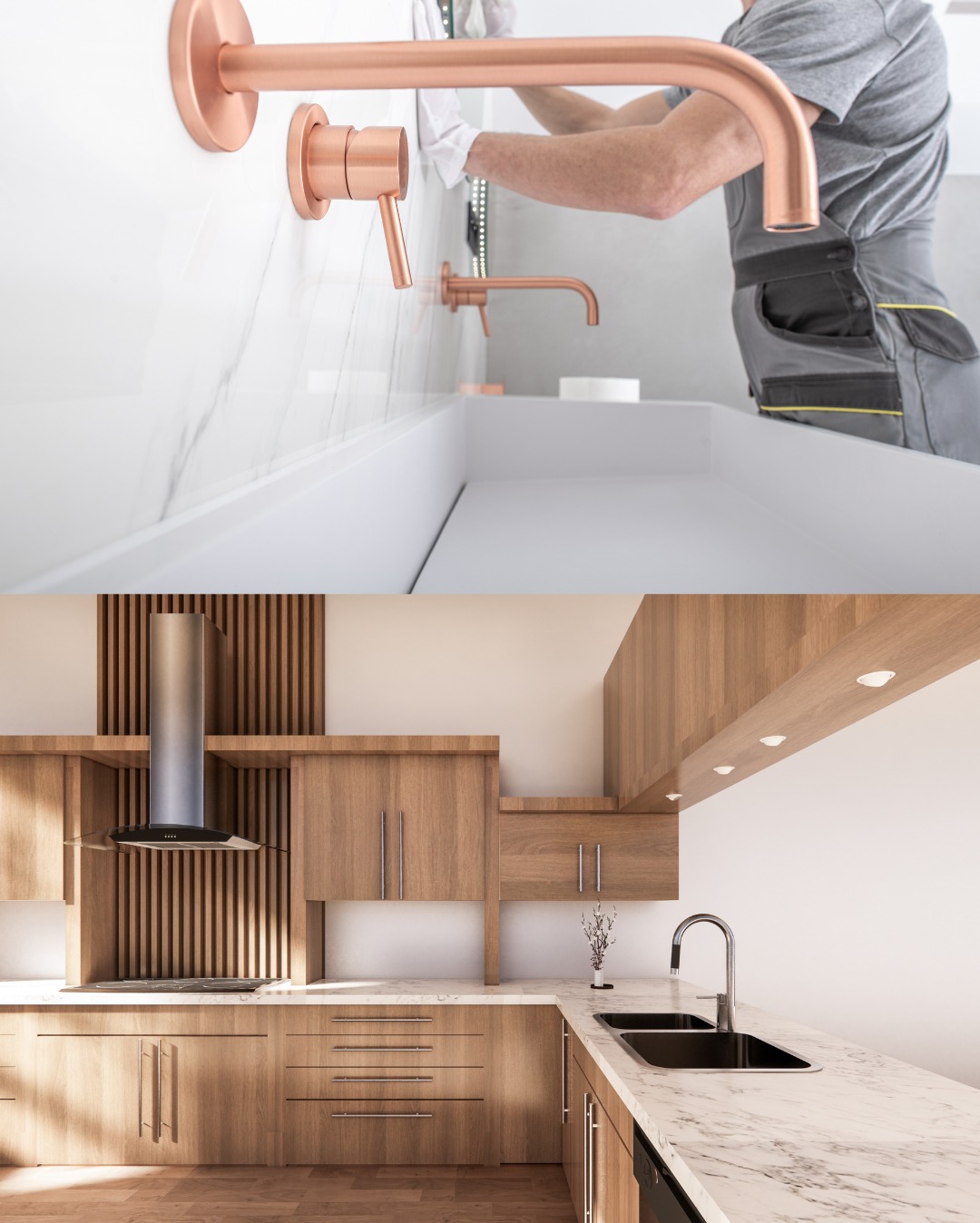 Dwu-częściowe zdjęcie: U góry pracownik w ubraniu roboczym czyści błyszczącą, miedzianą armaturę łazienkową na tle białych marmurowych płytek. Na dole: Wizualizacja nowoczesnej kuchni z drewnianymi...