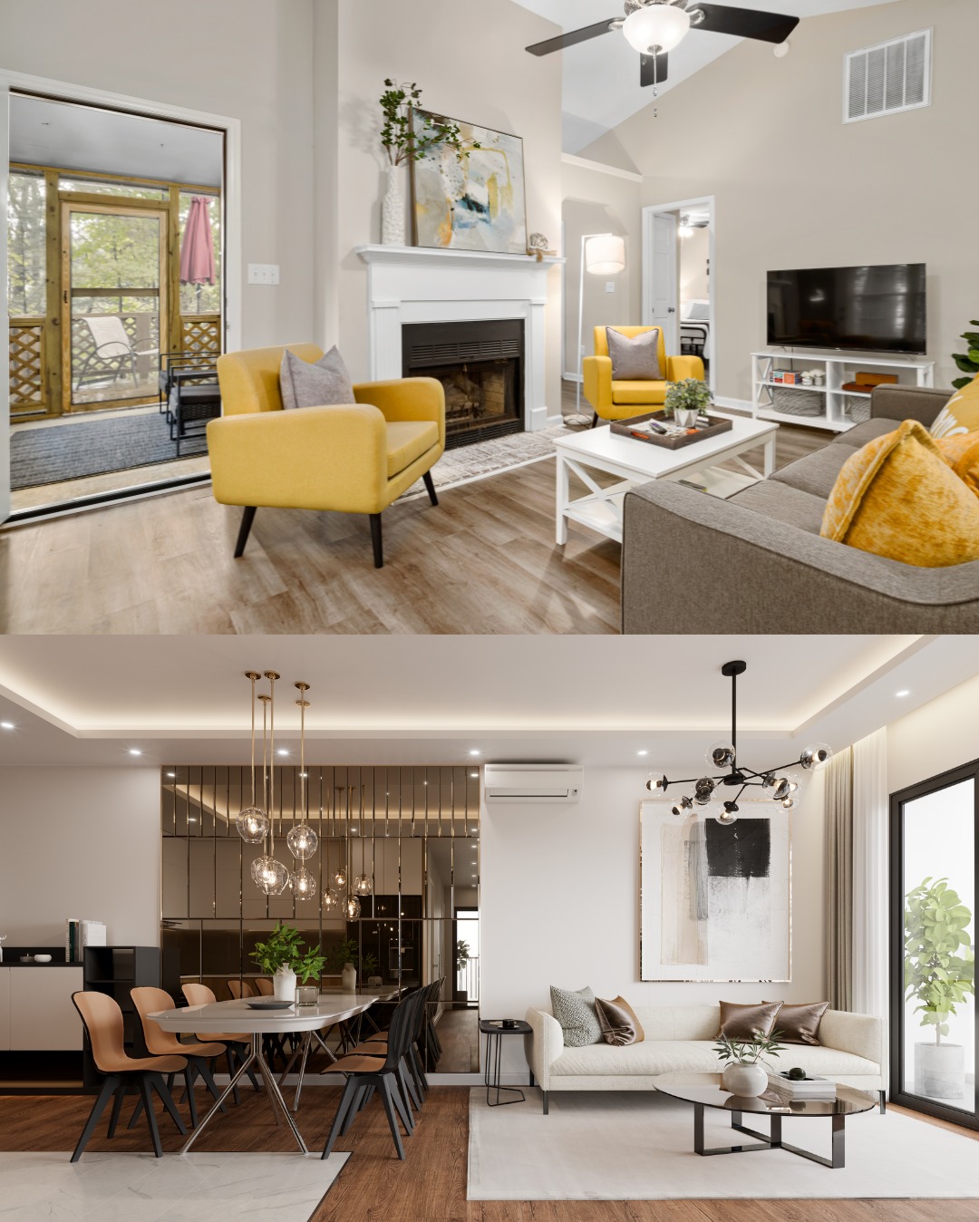 Dwa ujęcia wnętrz: salon z kominkiem, żółtymi fotelami i wyjściem na zadaszony taras oraz jadalnia z lustrzaną ścianą i salon z nowoczesnym oświetleniem.