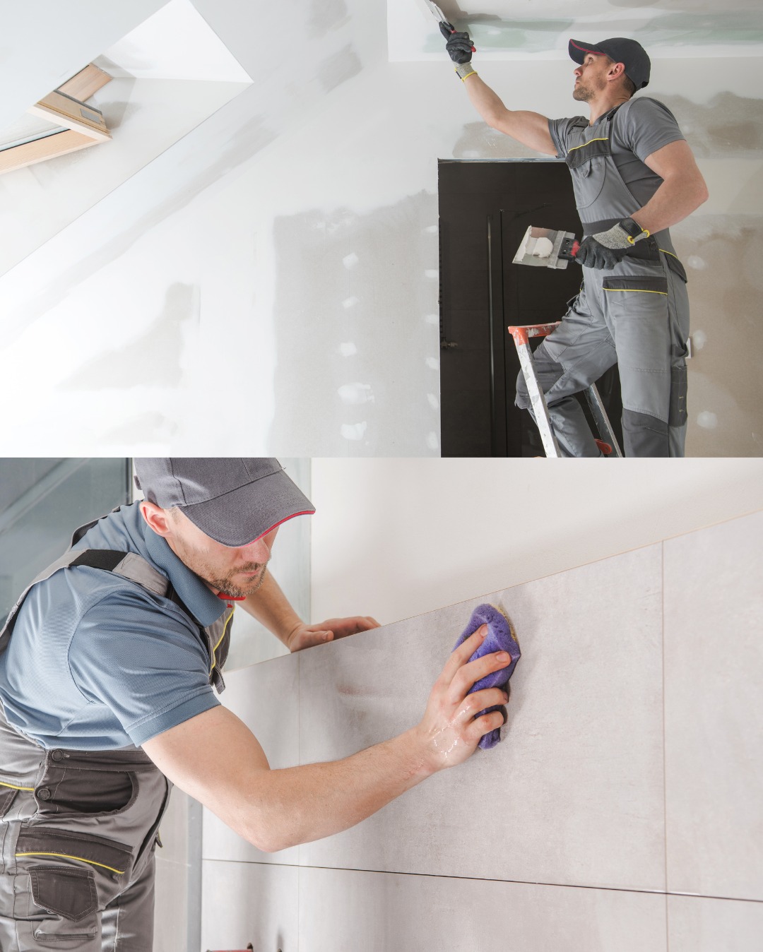 Mężczyzna w szarym kombinezonie stojący na drabinie szpachluje sufit, a na dole kadru pracownik czyści płytki na ścianie.