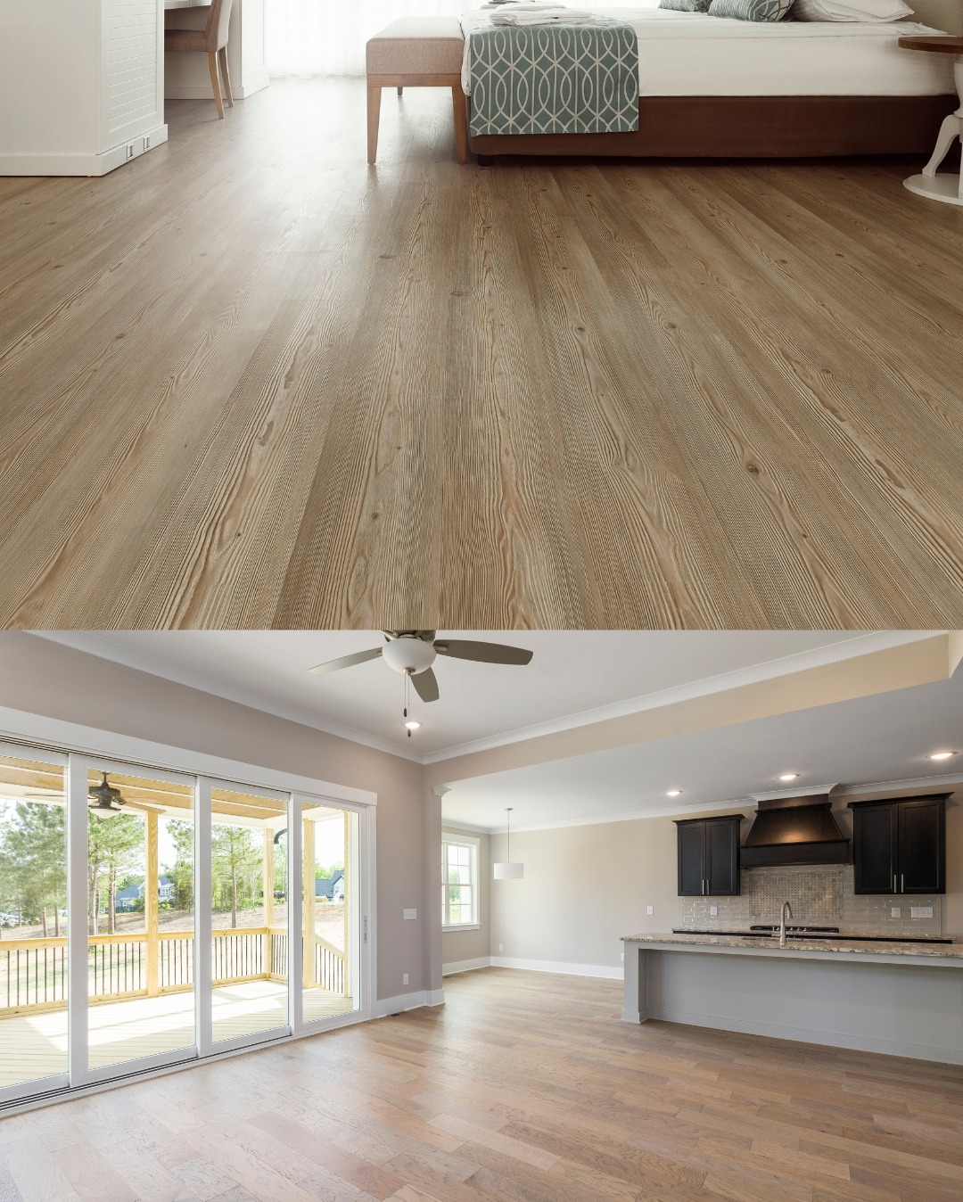 Jasna podłoga drewniana w nowym domu z widokiem na taras i kuchnię z czarnymi szafkami.