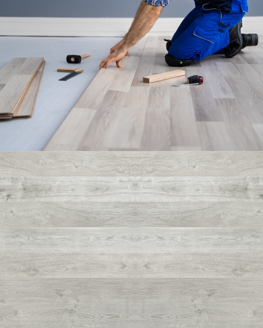 Instalator w niebieskim kombinezonie układa jasne panele podłogowe, widoczne narzędzia: gumowy młotek, miarka, drewniany klocek dystansowy, podkład pod panele.