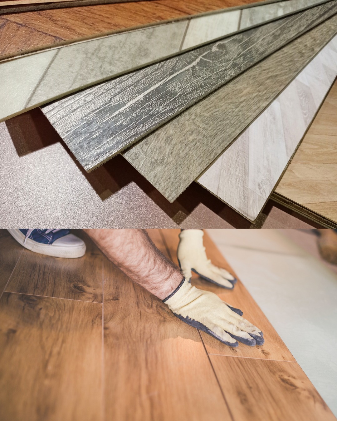 Próbki różnych wzorów desek podłogowych ułożone obok siebie, poniżej montaż deski podłogowej przez pracownika w rękawicach roboczych.