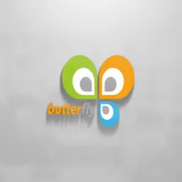 Abstrakcyjne logo firmy z nazwą 'butterfly' w kolorach pomarańczowym i szarym, z elementami zielonym, pomarańczowym i niebieskim, tworzącymi kształt przypominający motyla, na rozmytym szarym tle.