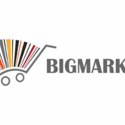 Logo firmy Bigmarkt przedstawiające wózek sklepowy wypełniony pionowymi, kolorowymi paskami przypominającymi kod kreskowy, obok nazwa firmy w szarym, pogrubionym fontcie.