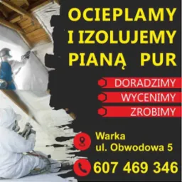 Grafika reklamowa przedstawiająca pracowników w kombinezonach ochronnych aplikujących izolację natryskową pianką na poddaszu i ścianie, z hasłami 'Ocieplamy i izolujemy pianą PUR', 'Doradzimy...
