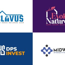 Marcel Per - Kompozycja czterech różnych logo firm: budowlanej, wnętrzarskiej i dwóch interaktywnych, umieszczonych na białym tle.