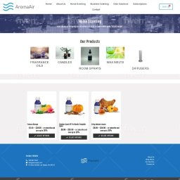 Marcel Per - Układ strony internetowej AromaAir z produktami do aromaterapii, w tym olejkami zapachowymi, świecami i dyfuzorami, z nagłówkiem zawierającym logo i menu nawigacyjne.