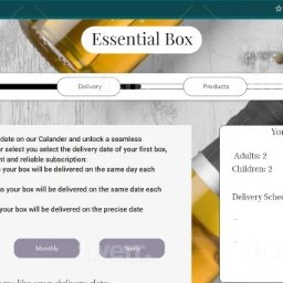 Marcel Per - Zrzut ekranu strony internetowej Essential Box z widocznym procesem wyboru subskrypcji, koszykiem z dwoma dorosłymi i dwoma dziećmi oraz opcjami dostawy tygodniowej, miesięcznej i rocznej.