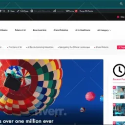 Zrzut ekranu strony internetowej z nagłówkiem 'ai+zoneo.com', menu nawigacyjnym i ilustracją balonu na gorące powietrze. Strona zawiera sekcję 'Recent Post' z miniaturami artykułów o sztucznej...